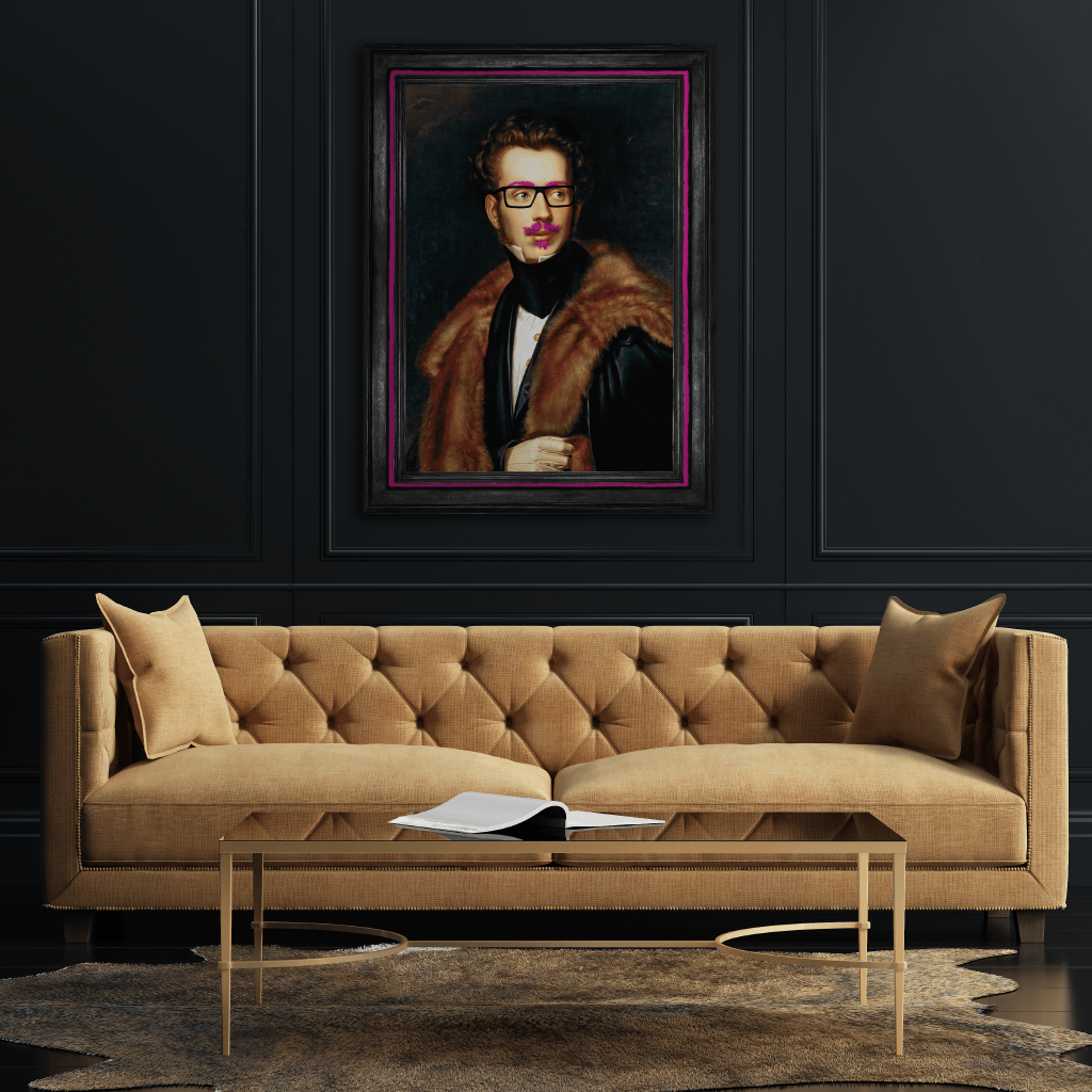 Duke Cool - Large Canvas Print above sofa in living room with black walls