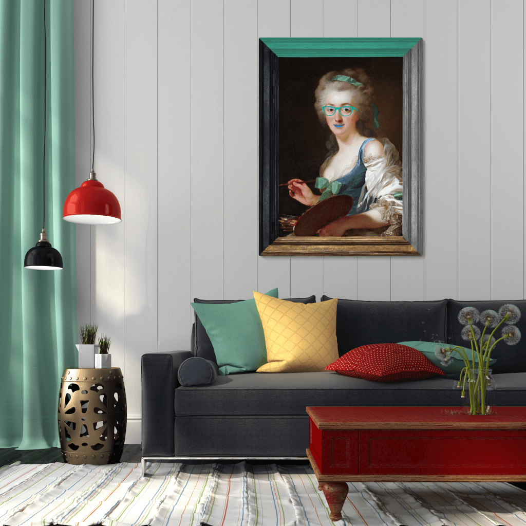Gracious in Green -  Canvas Art Print in Modern Living Room with Blue Sofa and white walls