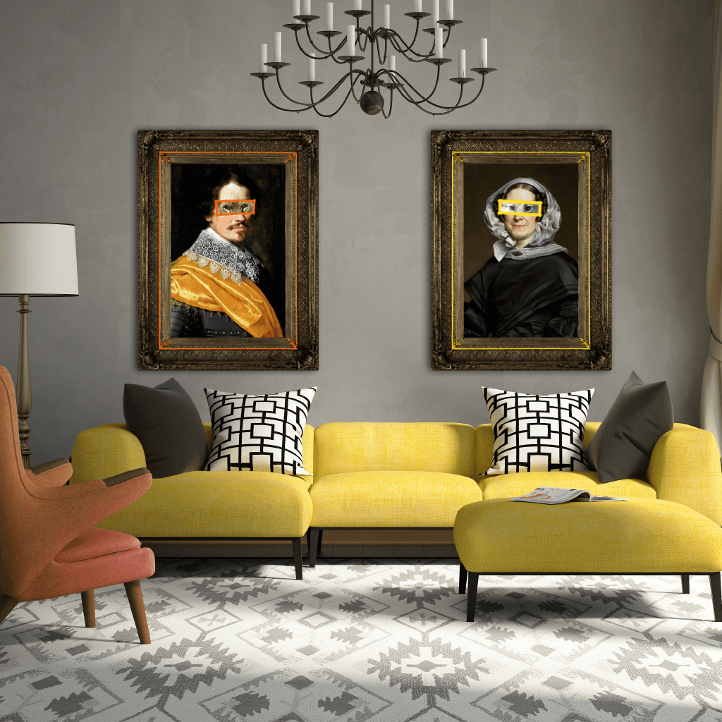 Grandma Wolf - Modern Living Room Art - Grey Walls, Yellow Sofa, Orange Chair