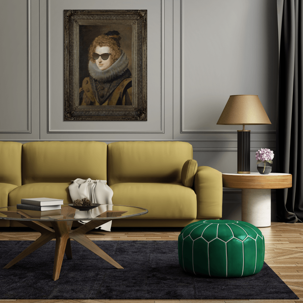 Large Wall Art - Modern Living Room Decor Ideas - Yellow Sofa, Grey Walls, Green Poof Foot stall