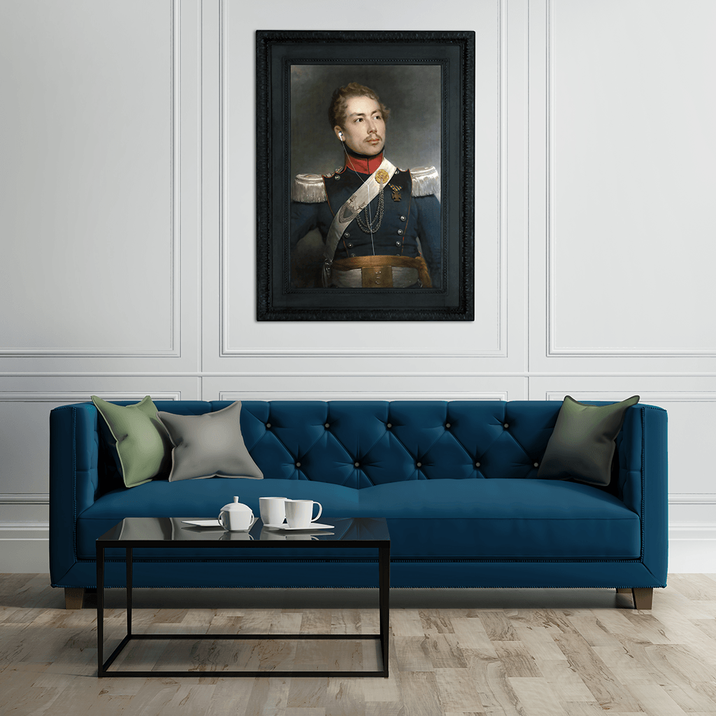 "Major MP3" - Deafced Fine Art Print - Modern Living Room white walls blue sofa